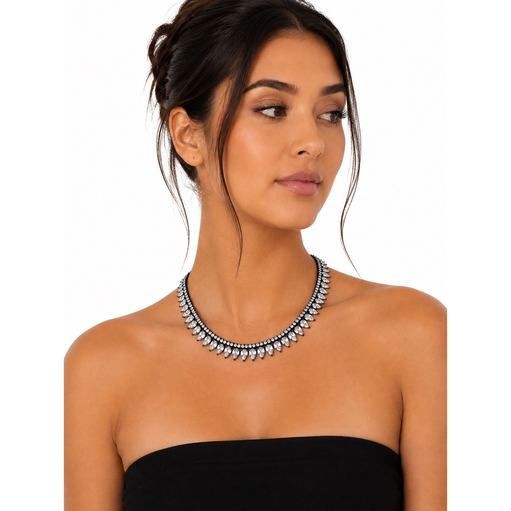 Silver Tone Pear Cut Cubic Zirconia Teardrop Fringe Collar Necklace 15.5 Inch